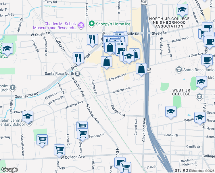 map of restaurants, bars, coffee shops, grocery stores, and more near 1533 Range Avenue in Santa Rosa