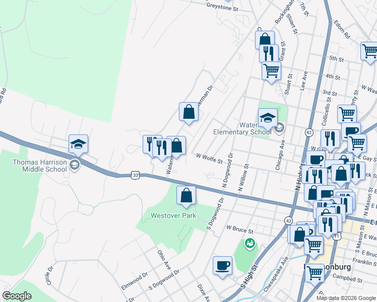 map of restaurants, bars, coffee shops, grocery stores, and more near 191 Rockingham Drive in Harrisonburg