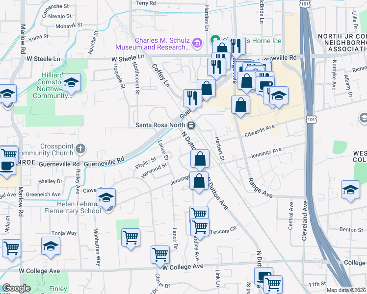 map of restaurants, bars, coffee shops, grocery stores, and more near 1736 Ensenada Court in Santa Rosa