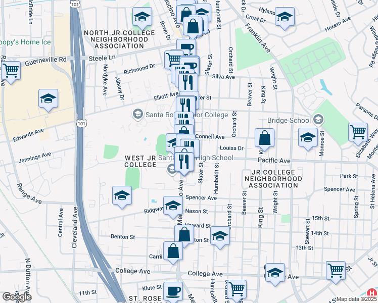 map of restaurants, bars, coffee shops, grocery stores, and more near 533 Pacific Avenue in Santa Rosa