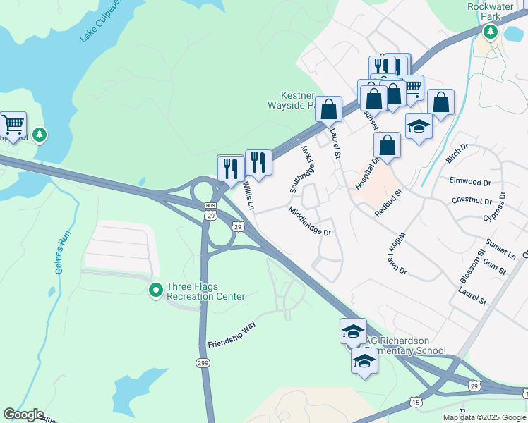 map of restaurants, bars, coffee shops, grocery stores, and more near 528 Southridge Parkway in Culpeper