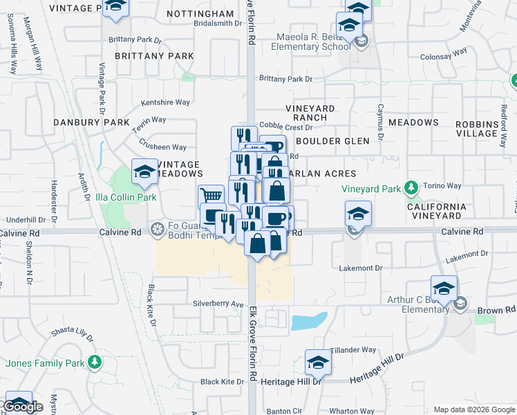map of restaurants, bars, coffee shops, grocery stores, and more near 8369 Elk Grove Florin Road in Sacramento
