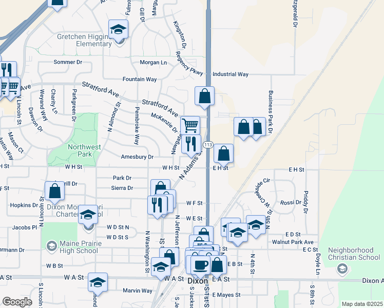 map of restaurants, bars, coffee shops, grocery stores, and more near 823 North Adams Street in Dixon