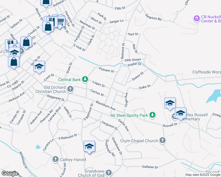 map of restaurants, bars, coffee shops, grocery stores, and more near 3923 Logan Street in Ashland