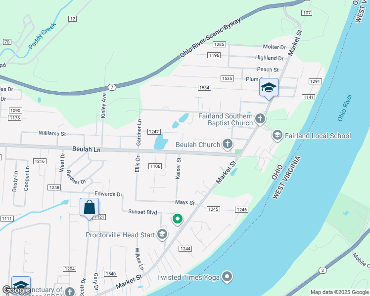map of restaurants, bars, coffee shops, grocery stores, and more near 2393 County Road 411 in Proctorville