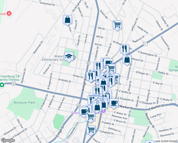 map of restaurants, bars, coffee shops, grocery stores, and more near 251 Virginia Avenue in Harrisonburg