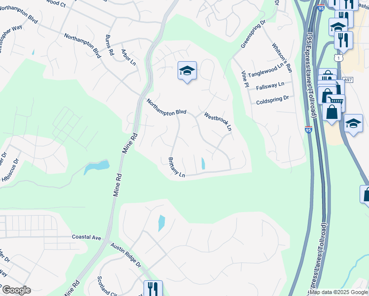 map of restaurants, bars, coffee shops, grocery stores, and more near 8 New Brunswick Court in Stafford
