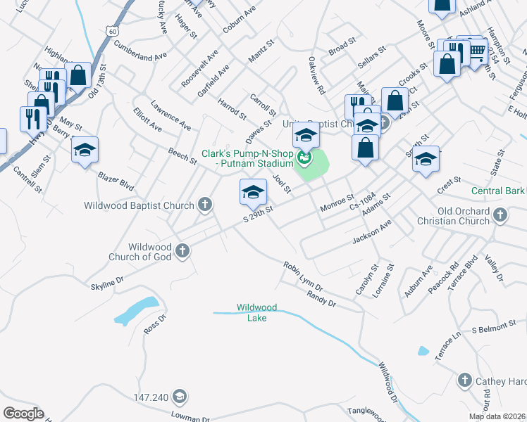 map of restaurants, bars, coffee shops, grocery stores, and more near 3215 South 29th Street in Ashland