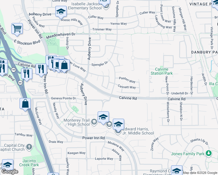map of restaurants, bars, coffee shops, grocery stores, and more near 8368 Bergthold Way in Sacramento