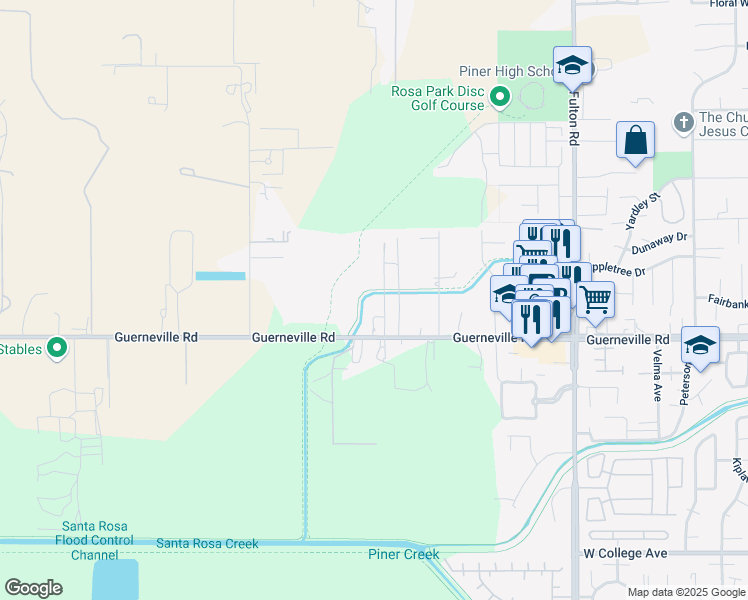map of restaurants, bars, coffee shops, grocery stores, and more near 1425 Woodacre Trail in Santa Rosa