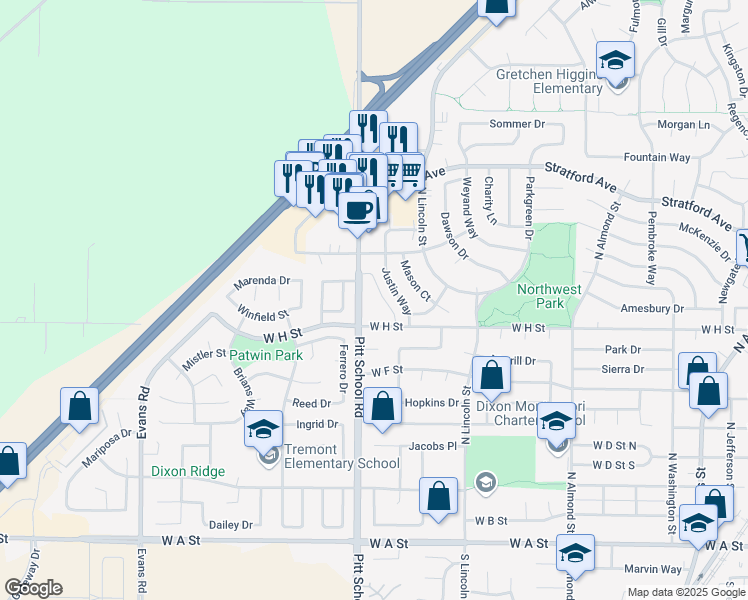 map of restaurants, bars, coffee shops, grocery stores, and more near 1340 West H Street in Dixon