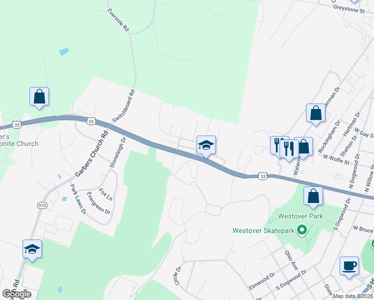 map of restaurants, bars, coffee shops, grocery stores, and more near 1460 West Market Street in Harrisonburg