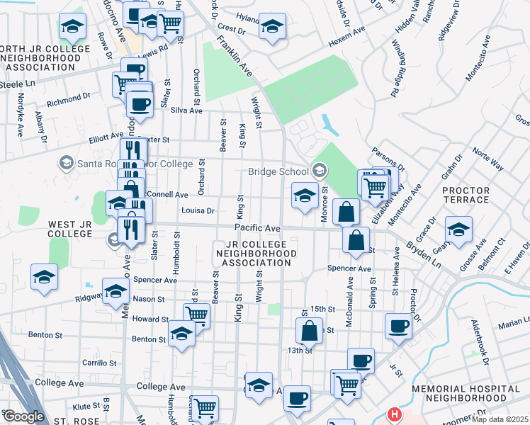 map of restaurants, bars, coffee shops, grocery stores, and more near 1450 Wright Street in Santa Rosa