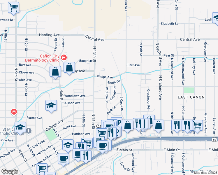 map of restaurants, bars, coffee shops, grocery stores, and more near 318 W Cir Dr in Cañon City