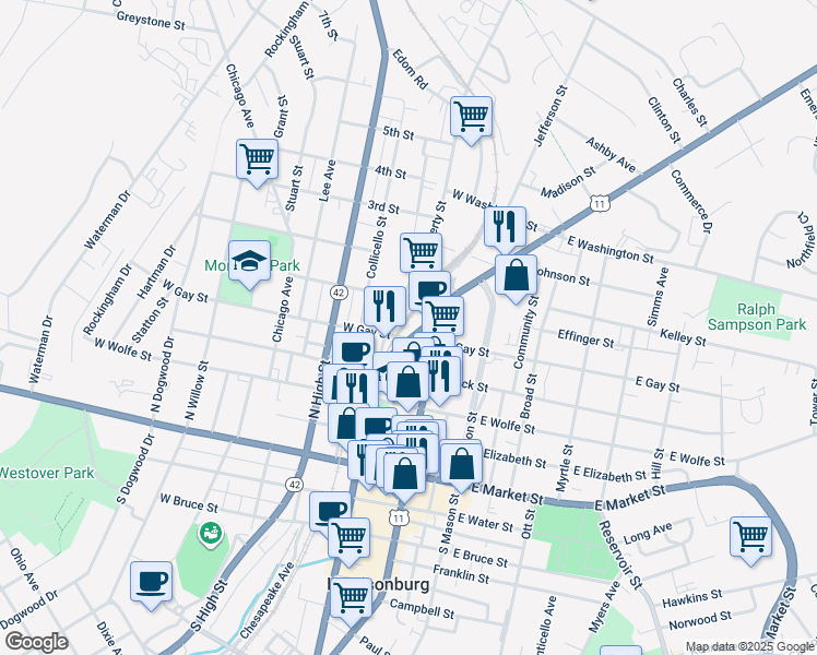 map of restaurants, bars, coffee shops, grocery stores, and more near 56 West Gay Street in Harrisonburg