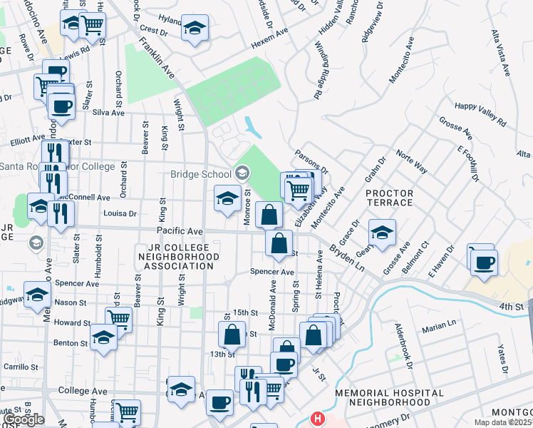 map of restaurants, bars, coffee shops, grocery stores, and more near 1421 McDonald Avenue in Santa Rosa