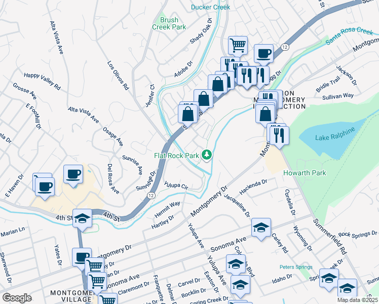 map of restaurants, bars, coffee shops, grocery stores, and more near 4209 Kintyre Rd in Santa Rosa