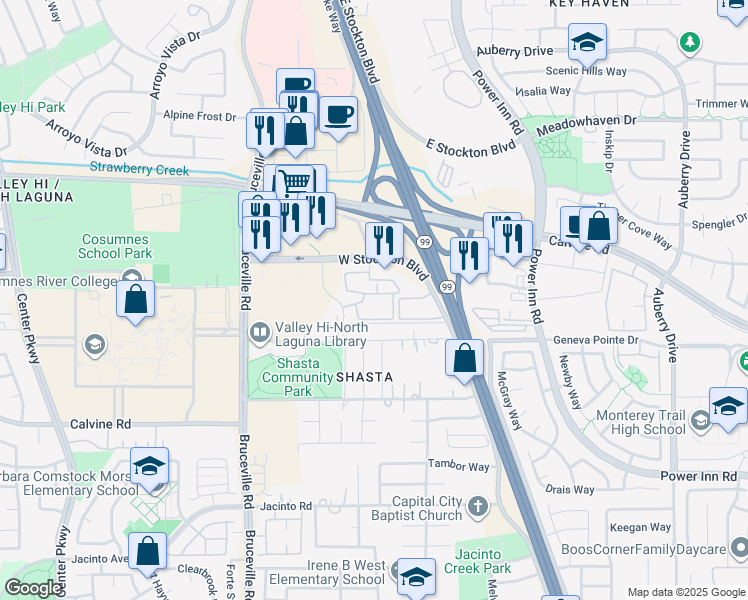 map of restaurants, bars, coffee shops, grocery stores, and more near 7600 West Stockton Boulevard in Elk Grove
