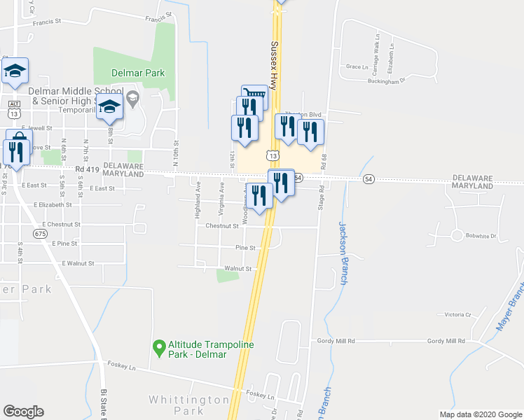 map of restaurants, bars, coffee shops, grocery stores, and more near 9506 Ocean Hwy in Delmar