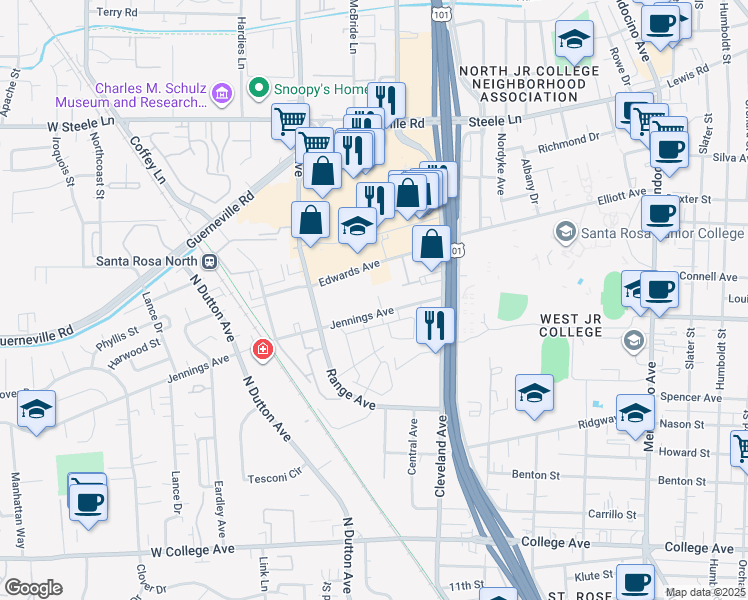 map of restaurants, bars, coffee shops, grocery stores, and more near 941 Jennings Avenue in Santa Rosa