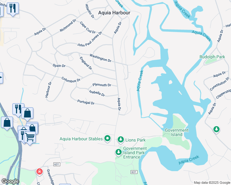 map of restaurants, bars, coffee shops, grocery stores, and more near 1032 Isabella Drive in Stafford