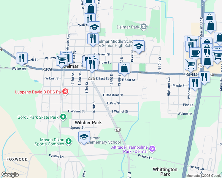 map of restaurants, bars, coffee shops, grocery stores, and more near 418 E Elizabeth St in Delmar