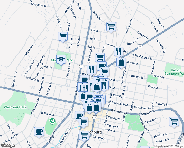 map of restaurants, bars, coffee shops, grocery stores, and more near 415 N Liberty St in Harrisonburg