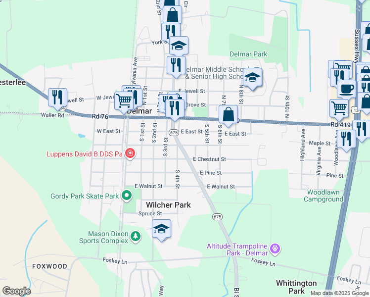 map of restaurants, bars, coffee shops, grocery stores, and more near 404 E Elizabeth St in Delmar