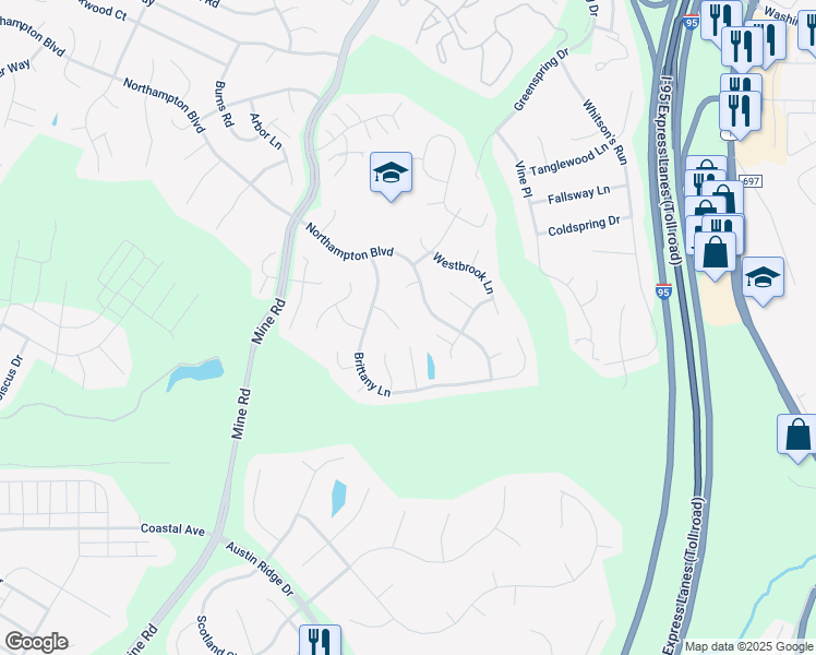 map of restaurants, bars, coffee shops, grocery stores, and more near 13 New Brunswick Court in Stafford