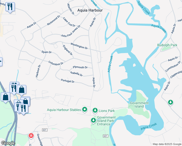 map of restaurants, bars, coffee shops, grocery stores, and more near 1032 Isabella Drive in Stafford