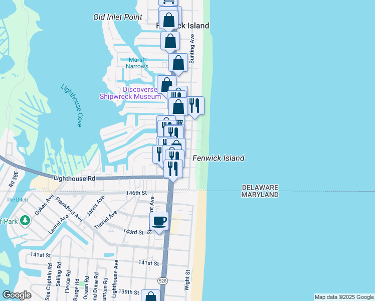 map of restaurants, bars, coffee shops, grocery stores, and more near 38874 Bunting Avenue in Fenwick Island
