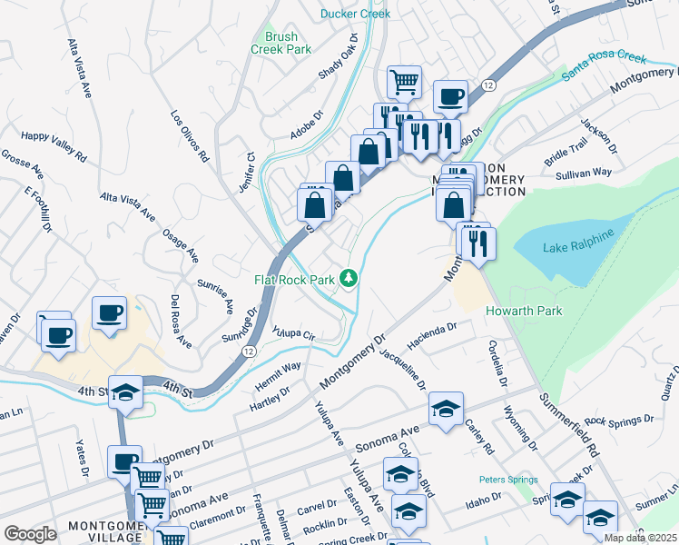 map of restaurants, bars, coffee shops, grocery stores, and more near 4243 Flat Rock Circle in Santa Rosa