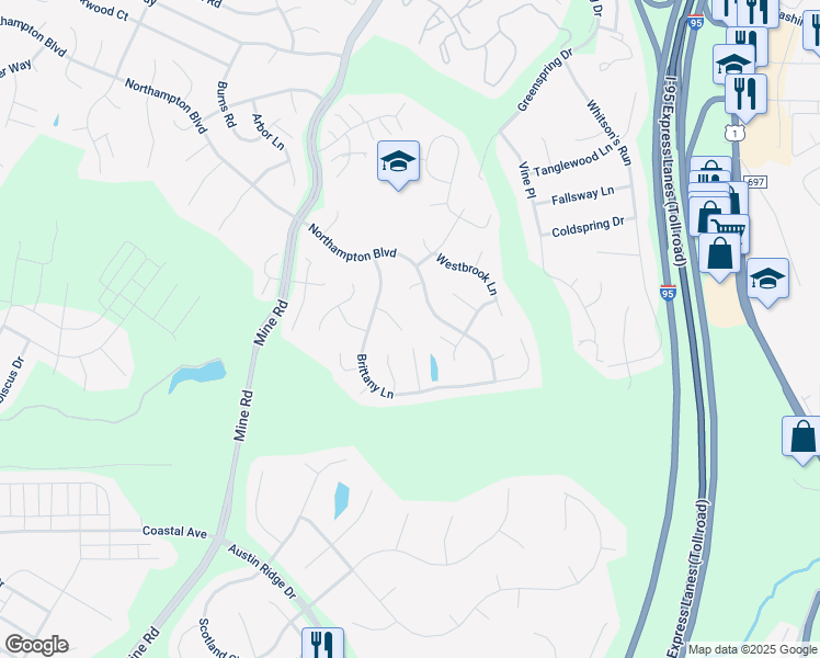 map of restaurants, bars, coffee shops, grocery stores, and more near 13 New Brunswick Court in Stafford