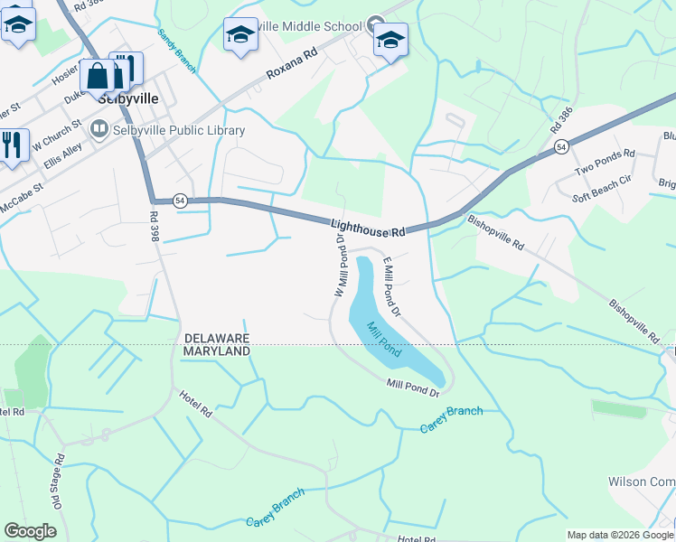 map of restaurants, bars, coffee shops, grocery stores, and more near 110 West Mill Pond Drive in Selbyville