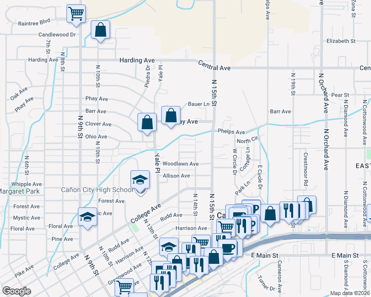 map of restaurants, bars, coffee shops, grocery stores, and more near 1377 Fairview Avenue in Cañon City