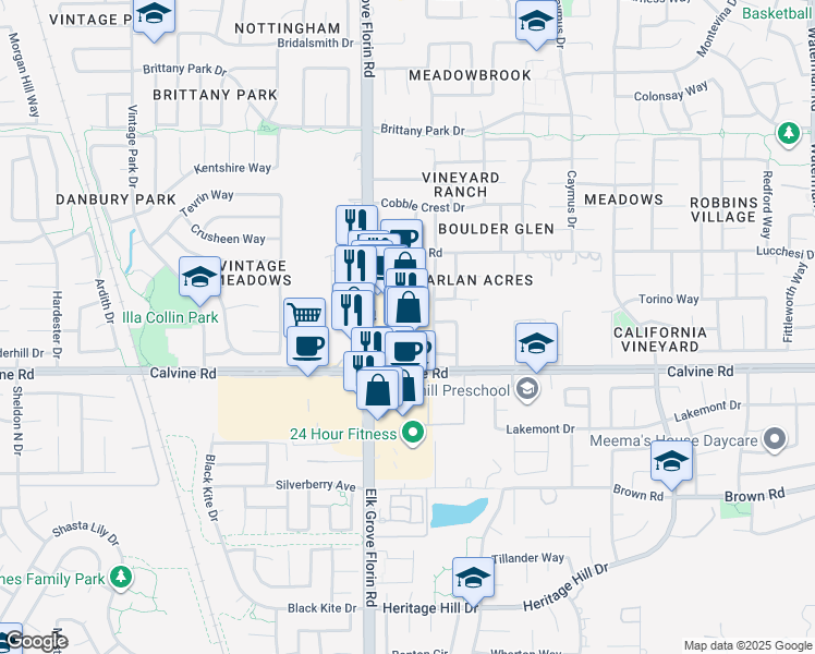map of restaurants, bars, coffee shops, grocery stores, and more near 8358 Sienna Sand Drive in Sacramento