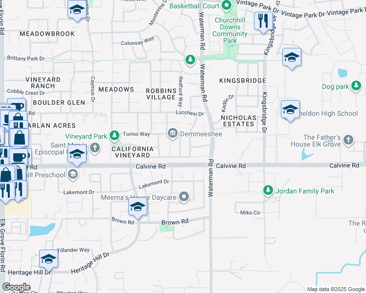 map of restaurants, bars, coffee shops, grocery stores, and more near 8365 Delicato Way in Sacramento