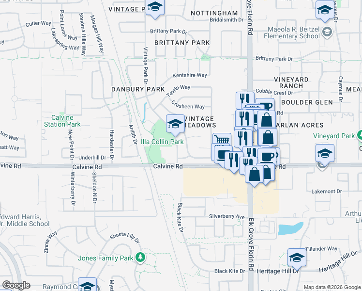 map of restaurants, bars, coffee shops, grocery stores, and more near 8360 Vintage Park Drive in Sacramento