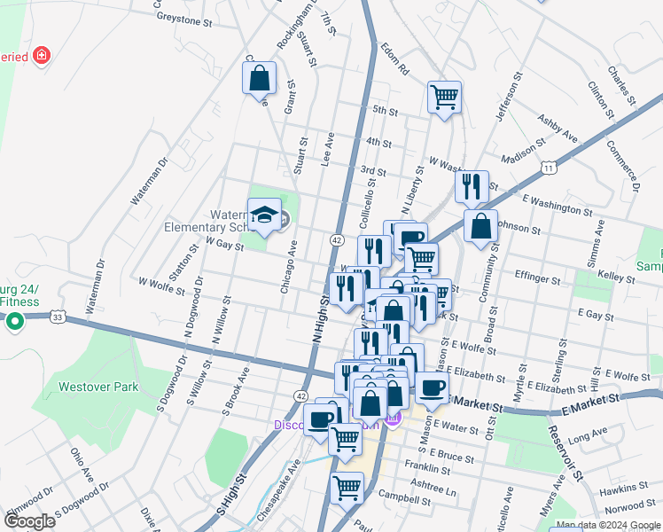 map of restaurants, bars, coffee shops, grocery stores, and more near 251 Virginia Avenue in Harrisonburg