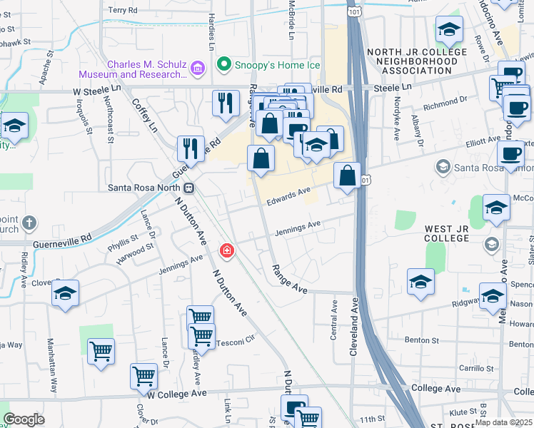 map of restaurants, bars, coffee shops, grocery stores, and more near 1544 Range Avenue in Santa Rosa