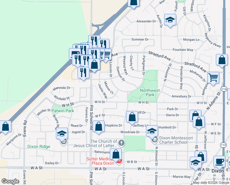 map of restaurants, bars, coffee shops, grocery stores, and more near 875 Merryfield Drive in Dixon