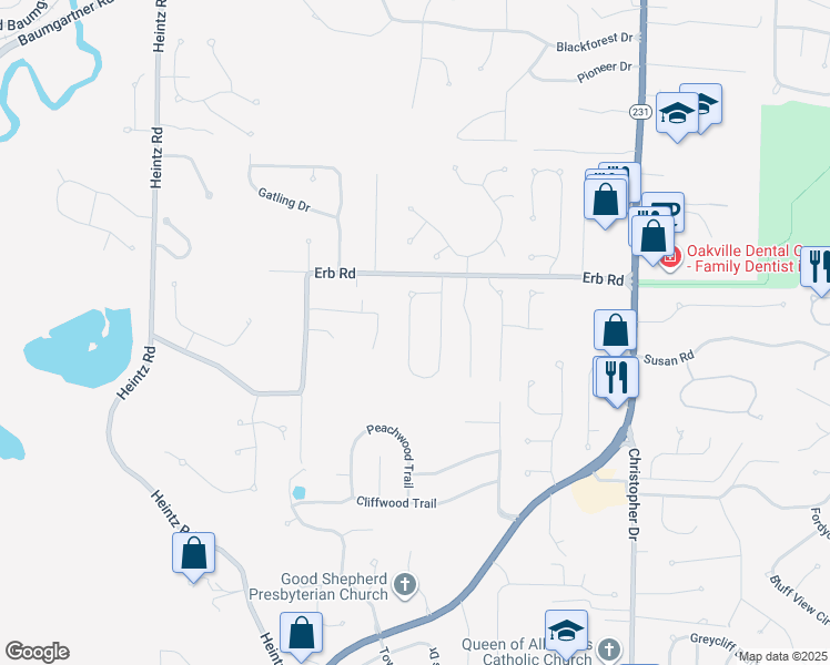 map of restaurants, bars, coffee shops, grocery stores, and more near 6142 Pathfinder Drive in St. Louis