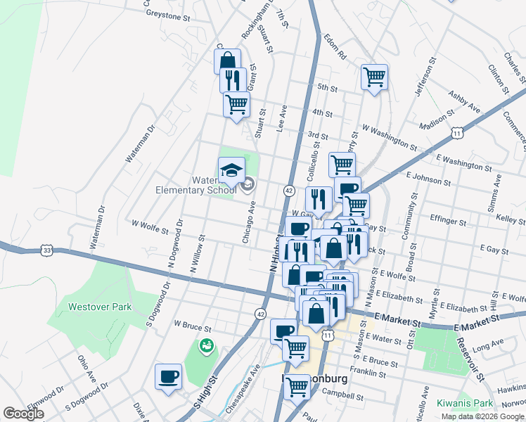 map of restaurants, bars, coffee shops, grocery stores, and more near 241 West Gay Street in Harrisonburg