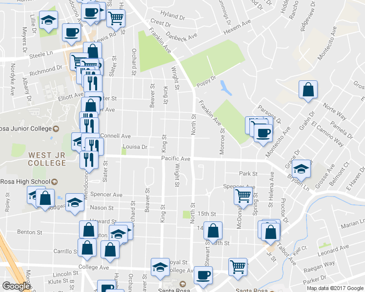 map of restaurants, bars, coffee shops, grocery stores, and more near 1460 Wright Street in Santa Rosa