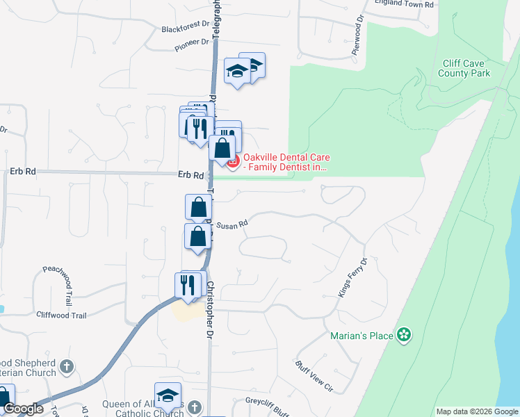 map of restaurants, bars, coffee shops, grocery stores, and more near 147 Susan Road in St. Louis
