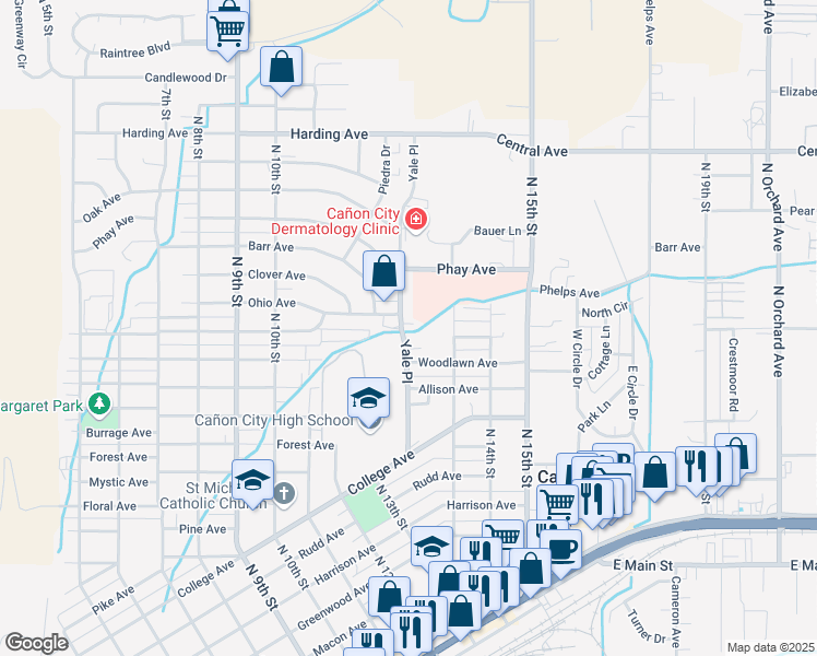 map of restaurants, bars, coffee shops, grocery stores, and more near 502 Yale Place in Cañon City