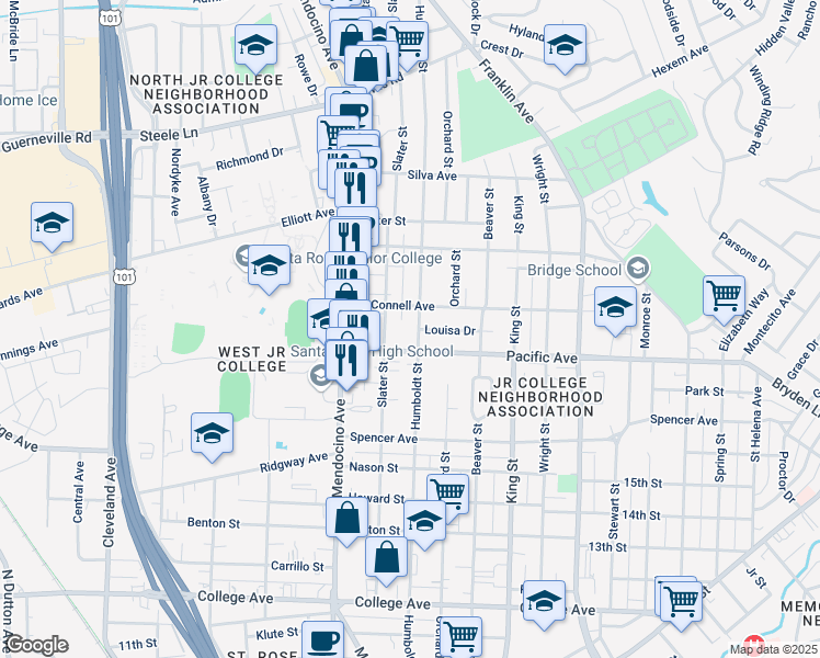 map of restaurants, bars, coffee shops, grocery stores, and more near 1237 Humboldt St in Santa Rosa