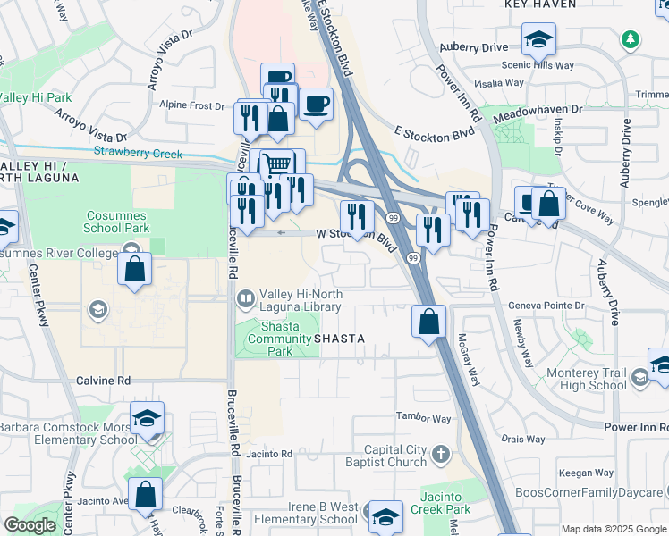 map of restaurants, bars, coffee shops, grocery stores, and more near 7600 West Stockton Boulevard in Elk Grove