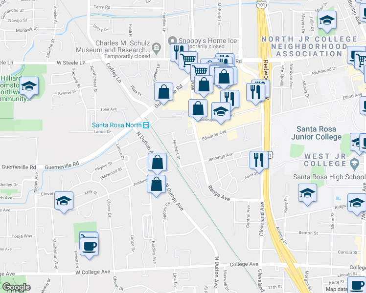 map of restaurants, bars, coffee shops, grocery stores, and more near 1320 Edwards Avenue in Santa Rosa