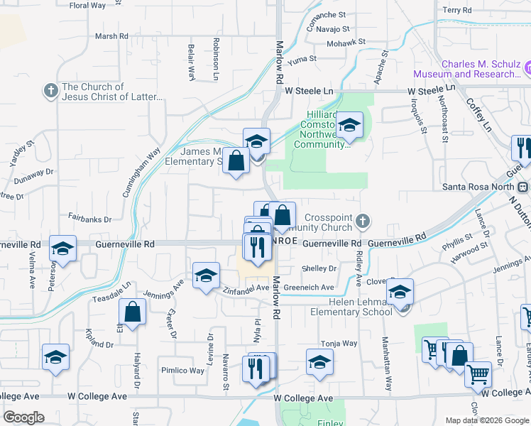 map of restaurants, bars, coffee shops, grocery stores, and more near 2041 Guerneville Road in Santa Rosa